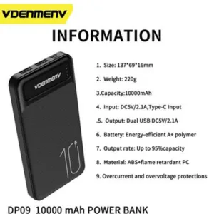 پاوربانک دنمن مدل DP09 ظرفیت 10000 میلی آمپر ساعت