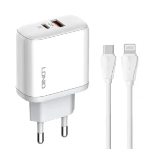 شارژر دیواری 45 وات 2 پورت الدینیو مدل A2526C به همراه کابل تبدیل USB-C به لایتنینگ