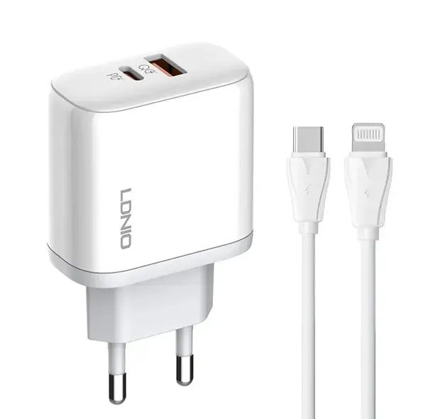 شارژر دیواری 45 وات 2 پورت الدینیو مدل A2526C به همراه کابل تبدیل USB-C به لایتنینگ