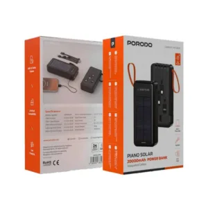 پاوربانک 10.5 وات پرودو مدل PIANO SOLAR PDPBB307BK ظرفیت 20000 میلیآمپرساعت به همراه کابل USB-C، USB-A، لایتنینگ و MicroUSB