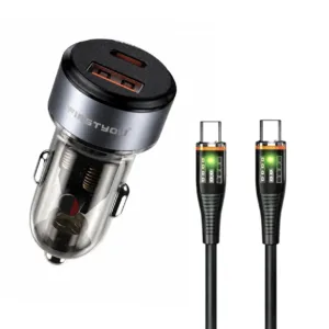 شارژر فندکی 70 وات دو پورت فرست یو مدل F070 به همراه کابل usb-C