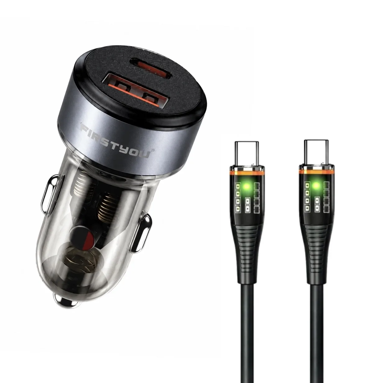 شارژر فندکی 70 وات دو پورت فرست یو مدل F070 به همراه کابل usb-C