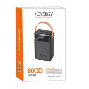پاوربانک 22.5 وات ایکس انرژی مدل X-880 ظرفیت 80000 میلیآمپرساعت به همراه کابل USB-C و بند آویز