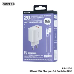 شارژر دیواری 20 وات ریمکس مدل RP-U120 EU به همراه کابل لایتنینگ