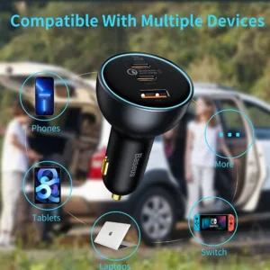 شارژر فندکی باسئوس مدل Multi-port Fast Charge 160W به همراه کابل تبدیل Usb-c