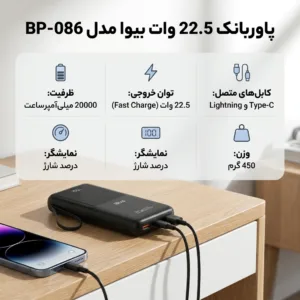پاوربانک 22.5 وات بیوا مدل BP-086 ظرفیت 20000 میلی‌آمپرساعت