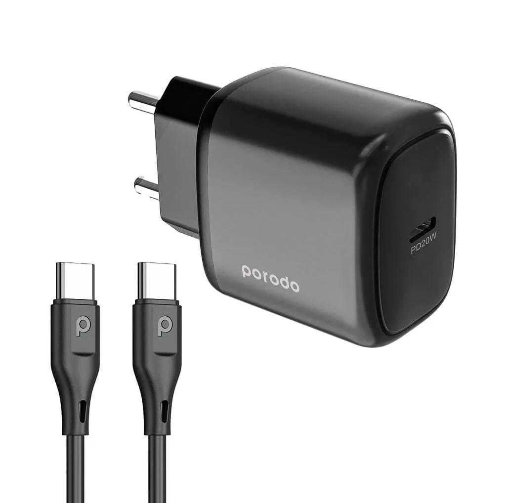شارژر دیواری ۲۰ وات پرودو مدل PD-20WEUCC-BK  به همراه کابل تبدیل USB-C