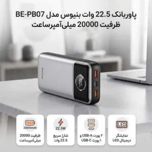 پاوربانک 22.5 وات بنیوس مدل BE-PB07 ظرفیت 20000 میلی‌آمپرساعت