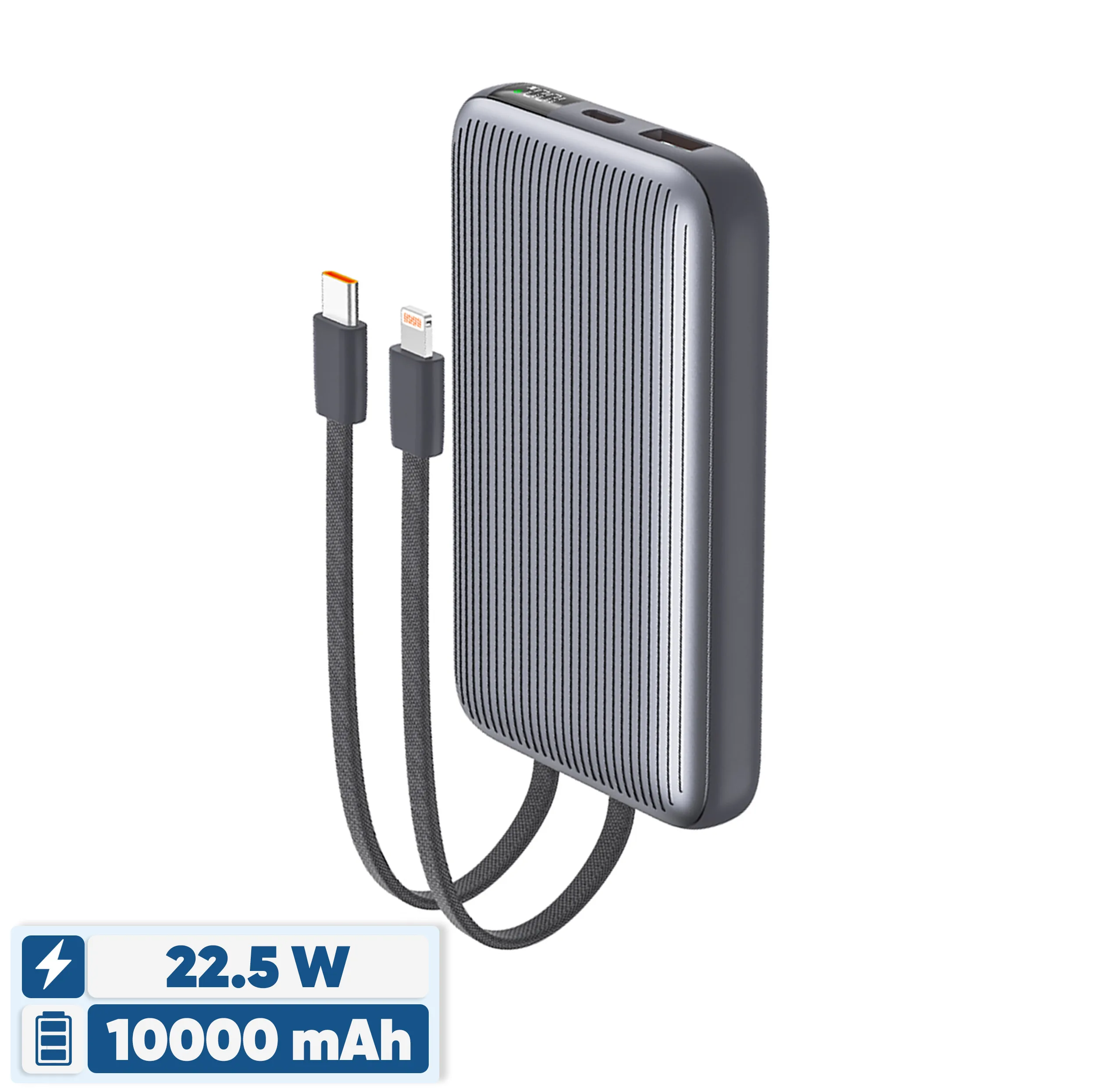 پاوربانک 22.5 وات انرجایزر مدل UE10091PQ ظرفیت 10000 میلی‌آمپرساعت به همراه دو کابل متصل USB-C و لایتنینگ