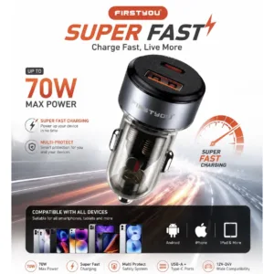 شارژر فندکی 70 وات دو پورت فرست یو مدل F070 به همراه کابل usb-C
