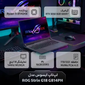 لپ تاپ 18 اینچی ایسوس مدل ROG Strix G18 G814PH-Ryzen 9 8940HX-RTX5050 8GB-64GB DDR5 5600MHz-1TB SSD-WUXGA 144Hz-W - کاستوم شده