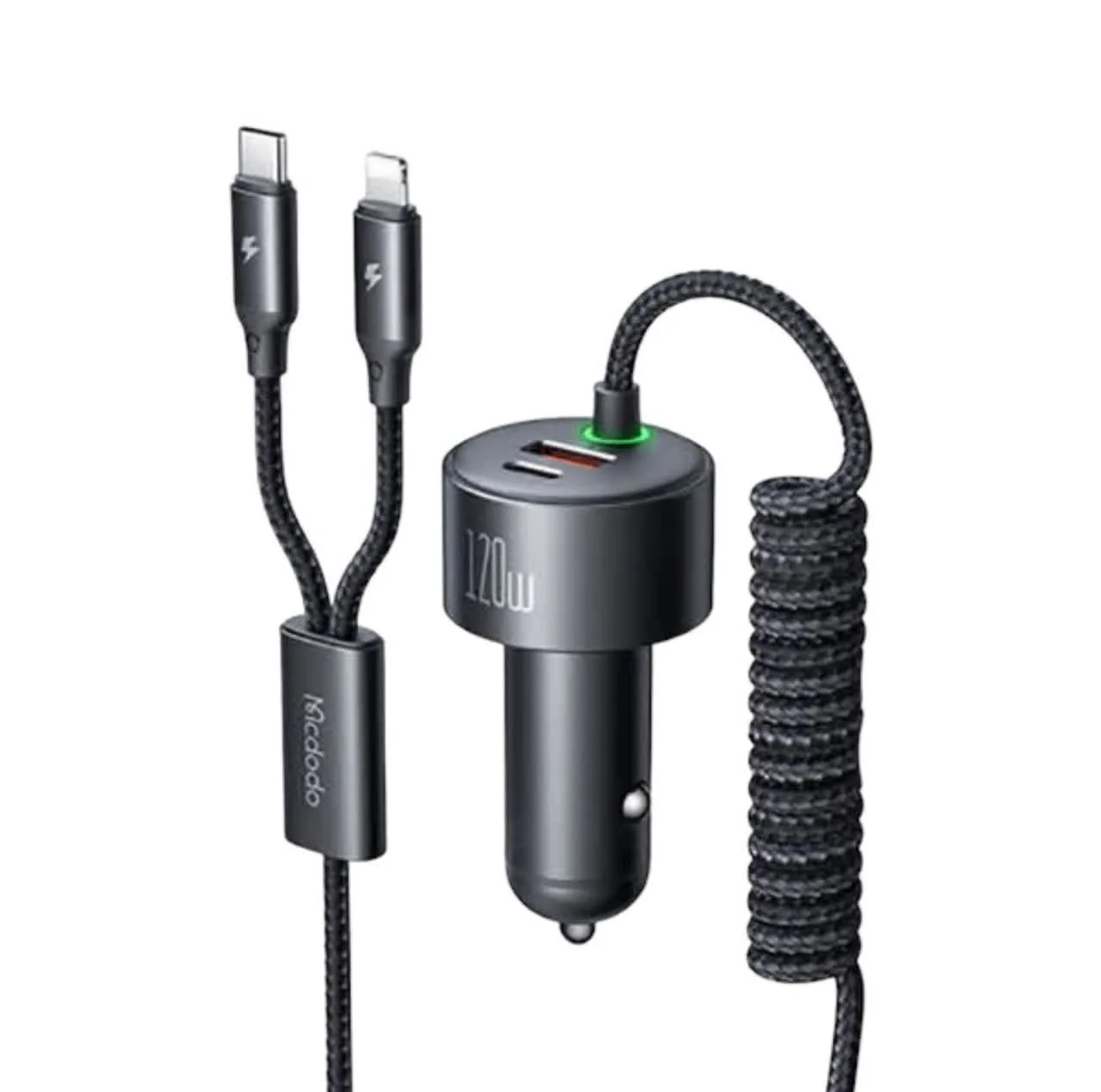 شارژر فندکی120 وات  مک دودو مدل cc-0370 به همراه کابل USB-C/لایتنینگ