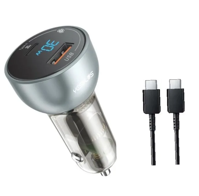 شارژر فندکی 30 وات 2 پورت یس پلاس مدل SUPER FAST 30W به همراه کابل  USB-C