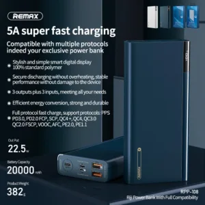 پاوربانک ریمکس مدل RPP-108 ظرفیت 20000 میلی آمپر ساعت