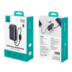 پاوربانک 22.5 وات یوسمز مدل CD260 ظرفیت 10000 میلیآمپرساعت به همراه 2 عدد کابل USB-C و لایتنینگ