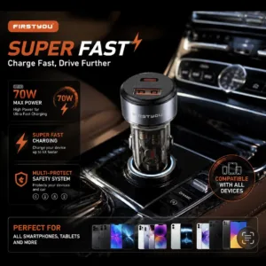 شارژر فندکی 70 وات دو پورت فرست یو مدل F070 به همراه کابل usb-C