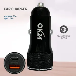 شارژر فندکی 25 وات دو پورت اوکی 24 مدل CFM