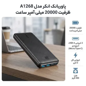 پاوربانک انکر مدل A1268 ظرفیت 20000 میلی آمپر ساعت
