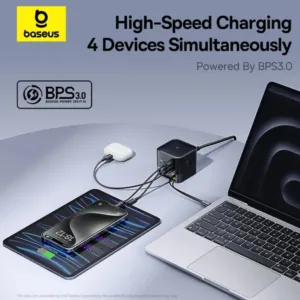 شارژر رومیزی 100 وات 3 پورت بیسوس مدل 100W Super GaN به همراه کابل USB-C