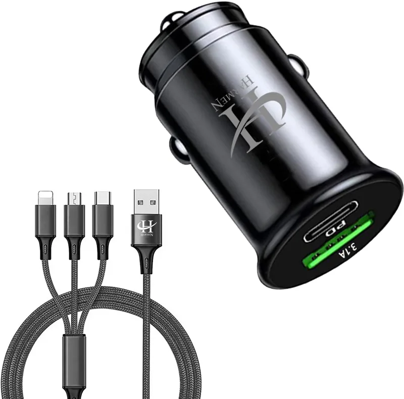 شارژر فندکی 35 وات هارمن مدل HR-QC3PDUSB200 به همراه کابل تبدیل USB به MICROUSB/USB-C/لایتنینگ
