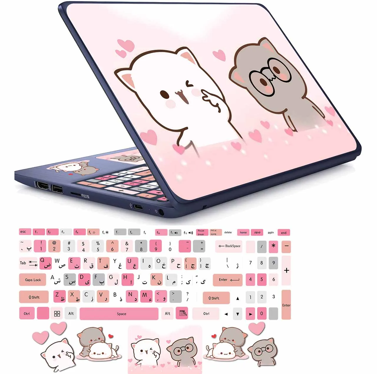 استیکر لپ تاپ مدل cute cat 01 مناسب برای لپ تاپ 15 تا 17 اینچ به همراه برچسب حروف فارسی کیبورد