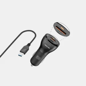 شارژر فندکی 30 وات 2 پورت گرین لاین مدل GNCC50WQPDBK به همراه کابل تبدیل USB-Cبه لایتنینگ