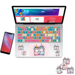 استیکر لپ تاپ مدل cute unicorn 06 مناسب برای لپ تاپ 15 تا 17 اینچ به همراه برچسب حروف فارسی کیبورد