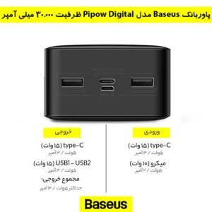 پاوربانک بیسوس مدل Bipow Digital ظرفیت 30000 میلی آمپر ساعت