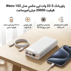 پاوربانک 22.5 وات اپی مکس مدل Weco-102 ظرفیت 20000 میلیآمپرساعت