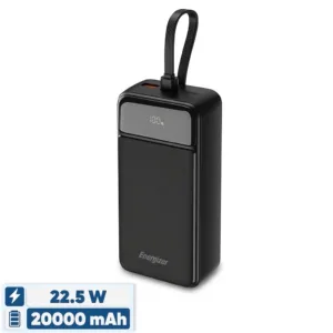 پاوربانک 22.5 وات انرجایزر مدل UE20084PQ ظرفیت 20000 میلی‌آمپرساعت به همراه سه کابل متصل USB-C و لایتنینگ