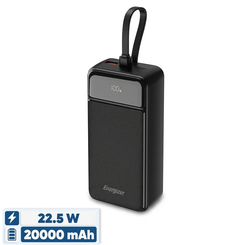 پاوربانک 22.5 وات انرجایزر مدل UE20084PQ ظرفیت 20000 میلی‌آمپرساعت به همراه سه کابل متصل USB-C و لایتنینگ
