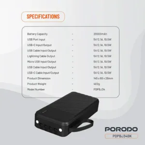 پاوربانک 10.5 وات پرودو مدل Piano PDPBJ34BK ظرفیت 20000 میلیآمپرساعت