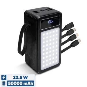 پاوربانک 22.5 وات پی زد ایکس مدل V89s PD Fast Charge ظرفیت 50000 میلی‌آمپرساعت به همراه چهار کابل متصل USB-A، USB-C، MicroUSB و لایتنینگ