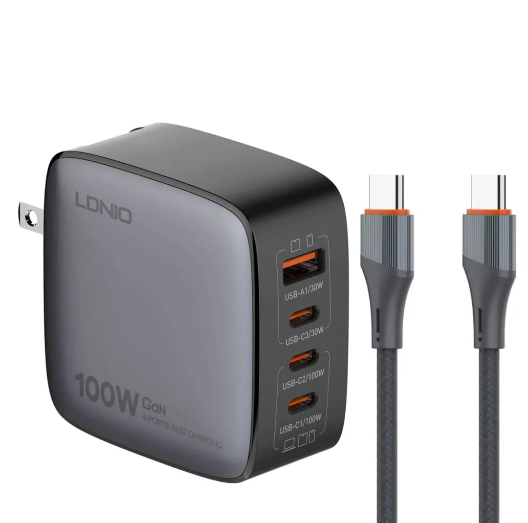 شارژر دیواری ۱۰۰ وات ۴ پورت الدینیو مدل Q408 به همراه کابل USB-C