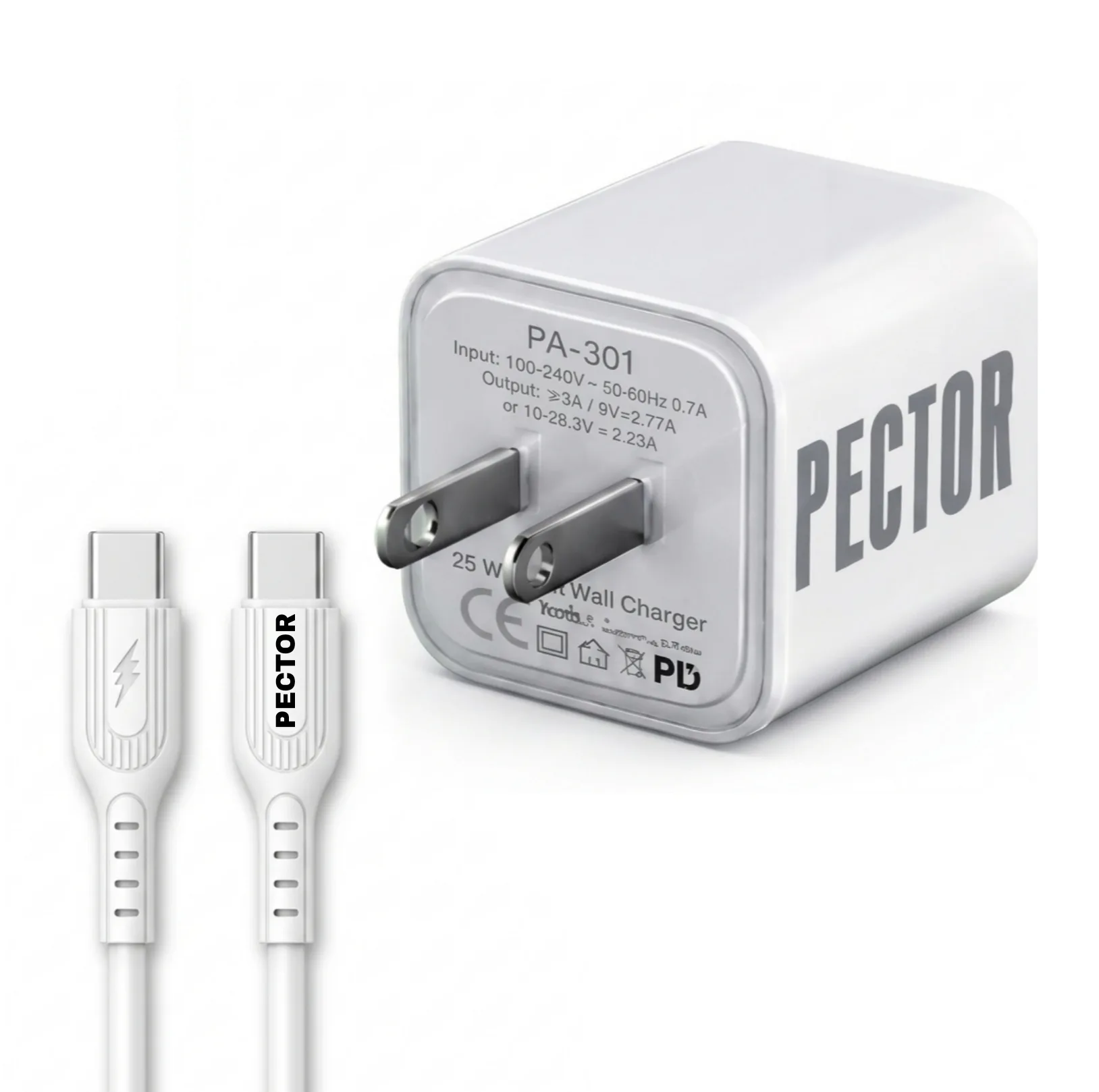 شارژر دیواری 25 وات پکتور مدل PA301 به همراه کابل USB-C به طول 1 متر