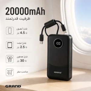 پاوربانک 22.5 وات گرند اسکای مدل GP - 216 با ظرفیت 20000 میلی‌آمپرساعت به همراه 2 کابل USB-C و کابل لایتنینگ