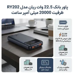پاور بانک 22.5 وات ریان مدل RY202 ظرفیت 20000 میلی آمپر ساعت همراه کابل USB-C
