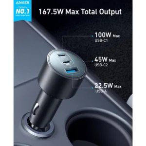 شارژر فندکی 100 وات 3 پورت انکر مدل B2737 به همراه کابل USB-C به USB-C