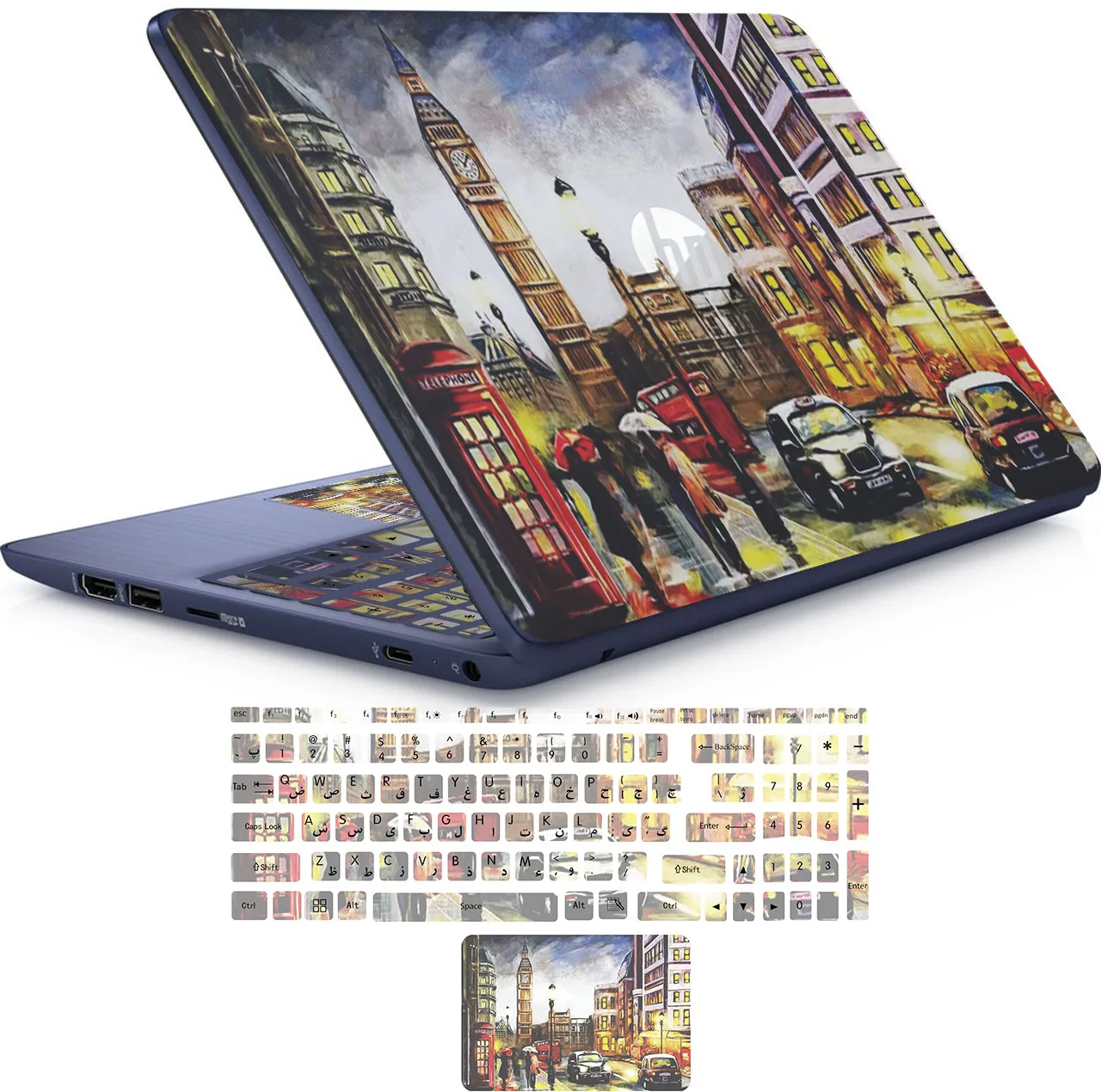 استیکر لپ تاپ راتیانا مدل london 04 مناسب برای لپ تاپ 15 تا 17 اینچ به همراه برچسب حروف فارسی کیبورد