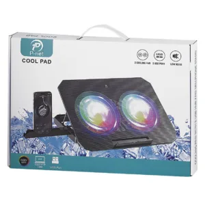 پایه خنککننده لپتاپ پی نت مدل p705 دارای دو عدد فن مناسب برای لپ تاپهای 16 تا 17 اینچی، 14.1 تا 15.6 اینچی، 13.1 تا 14 اینچی