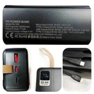 پاوربانک پی زد ایکس مدل V92 Fast Charge PD 22.5W ظرفیت 30000 میلی آمپر ساعت
