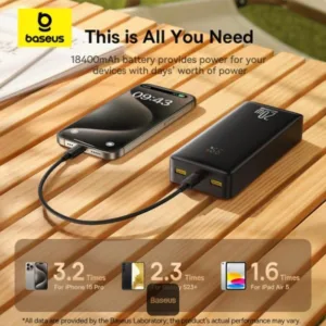 پاوربانک 20 وات باسئوس مدل LiFePO4 ظرفیت 18400 میلی آمپر ساعت به همراه کابل USB-C به USB-A