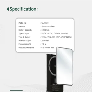 پاوربانک 15 وات گرین لاین مدل مگ سیف Mirror Design با ظرفیت 10000 میلی آمپر ظرفیت