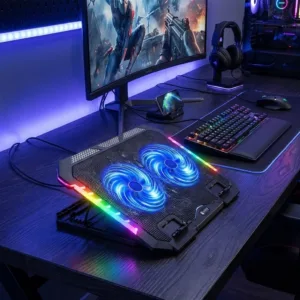 پایه خنککننده لپتاپ گیمینگ لوتوس مدل GF219-RGB دارای دو عدد فن مناسب برای لپ تاپهای 13 تا 16 اینچی