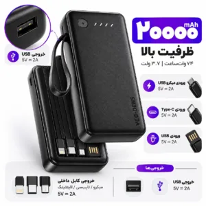 پاوربانک 18 وات وندنس مدل PB059 ظرفیت 20000 میلیآمپرساعت به همراه کابل USB-C، لایتنینگ و Micro USB