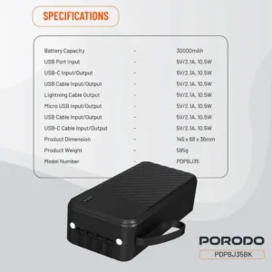 پاوربانک 10.5 وات پرودو مدل Piano-PDPBJ35BK ظرفیت 30000 میلیآمپرساعت