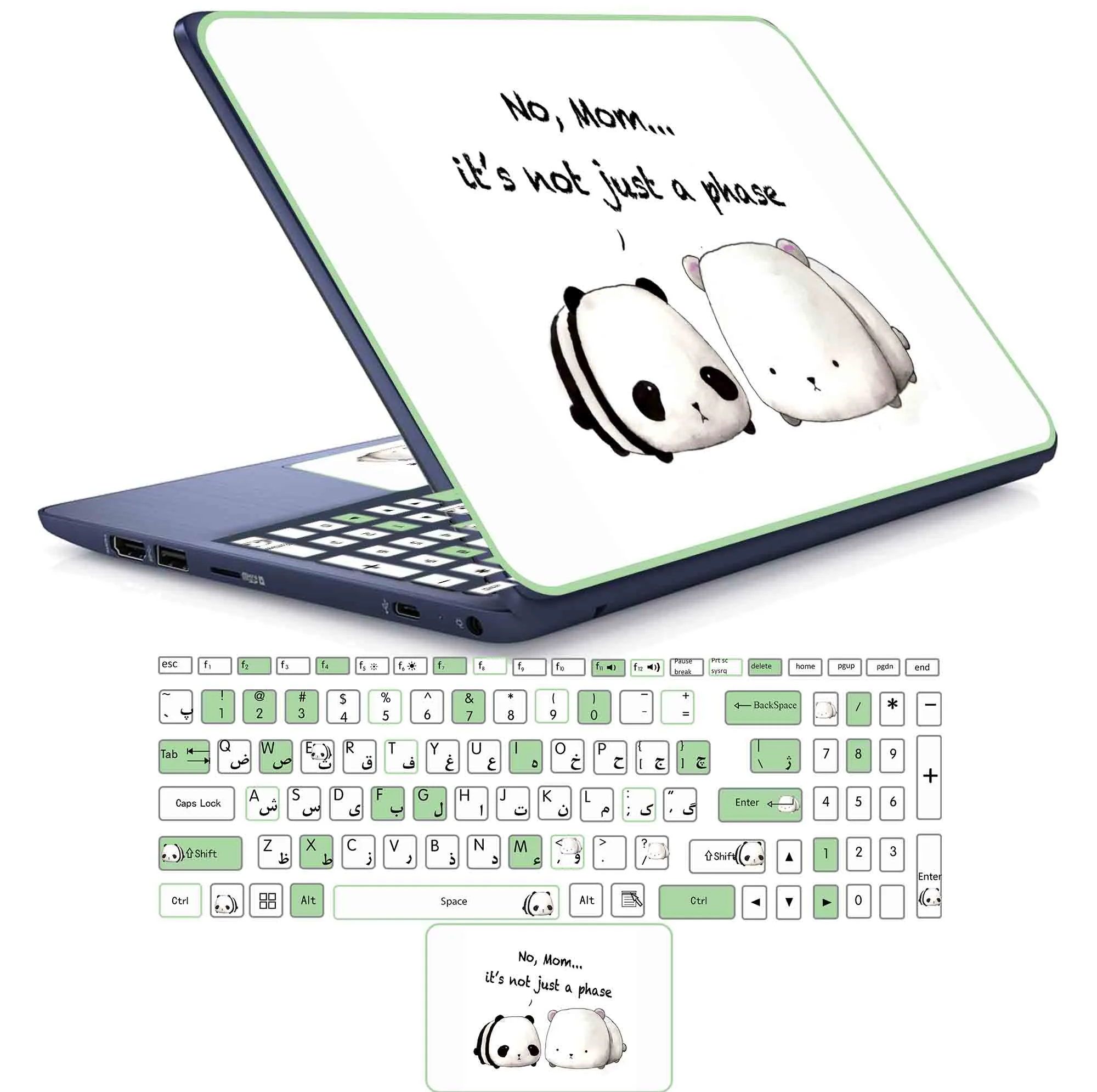 استیکر لپ تاپ مدل cute panda 03 مناسب برای لپ تاپ 15 تا 17 اینچ به همراه برچسب حروف فارسی کیبورد