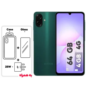 گوشی موبایل سامسونگ مدل Galaxy A07 دو سیم کارت ظرفیت 64 گیگابایت و رم 4 گیگابایت - به همراه شارژر 25 وات سامسونگ، کاور سیلیکونی و محافظ صفحه نمایش