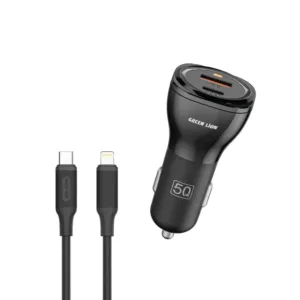 شارژر فندکی 30 وات 2 پورت گرین لاین مدل GNCC50WQPDBK به همراه کابل تبدیل USB-Cبه لایتنینگ