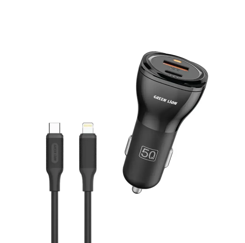 شارژر فندکی 30 وات 2 پورت گرین لاین مدل GNCC50WQPDBK به همراه کابل تبدیل USB-Cبه لایتنینگ